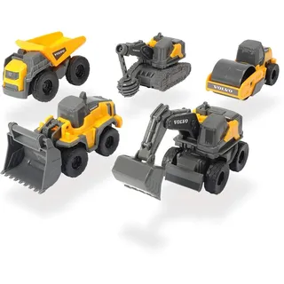 Dickie Toys 203722008 Volvo Micro Workers, 5er Spielzeugset, Bagger, Baustelle, Set Baufahrzeuge, Baustellenauto Kinder, Baustellenfahrzeuge, Geschenkset, für Kinder ab 3 Jahren, gelb/grau