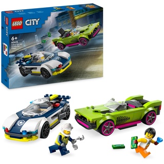 LEGO City Verfolgungsjagd mit Polizeiauto und Muscle Car, Auto-Spielezug mit 2 Rennautos, Polizei-Geschenk für Kinder, Jungs und Mädchen ab 6 Jahren, Set mit Polizist und Ganovin-Minifiguren 60415