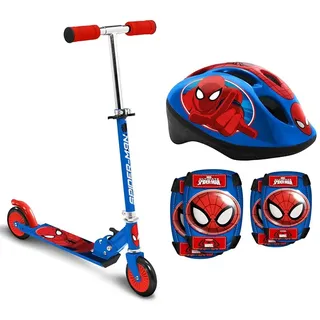 STAMP - ZUSAMMENKLAPPBARER Scooter - SPIDERMAN & Helm mit einstellbaren Tailleneinstellungen + ELLBOGEN und KNIESCHÜTZER - SPIDERMAN