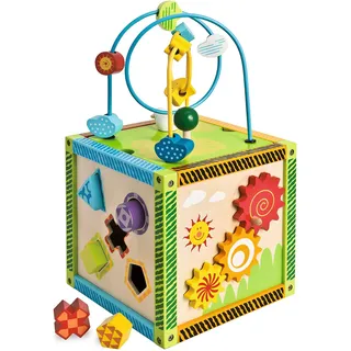 Eichhorn 100002235 buntes Spielcenter, Motorikwürfel mit Motorikschleife, Uhr, Motorikspiel, Drehspiel und 5 Steckbausteine, für Kinder ab 1 Jahr, Größe: 20x20x36 cm