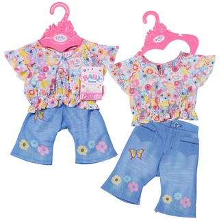 Zapf Creation 832677 BABY born Trend Jeans 43cm - Puppenkleidung Set bestehend aus blauer Jeans, Blümchen-Oberteil und Kleiderbügel