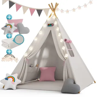 Spielwerk® Kindertipi Spielzelt Baumwolle 130x130x160cm Bodenmatte Girlande Lichterkette 3 Kissen Holz Stabilisierung Tragetasche Kinderzelt rosa