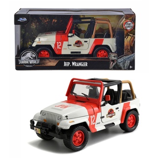 Jada Toys Park 1992 Jeep Wrangler 1:24, Spielzeugauto, Geländewagen Spielzeug, bekannt aus der gleichnamigen Filmreihe 253253005 Weiß, Rot