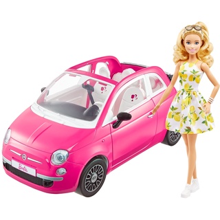 Barbie-Puppe und Auto, rosa Auto, Cabrio mit weißer Innenausstattung, Sicherheitsgurte, 1x Puppe mit blonden Haaren und Zitronenkleid, Geschenk für Kinder, Spielzeug ab 3 Jahre,HGV03