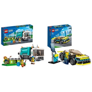 LEGO 60386 City Müllabfuhr, Müllwagen Spielzeug mit Mülltonnen für Kinder ab 5 Jahren & 60383 City Elektro-Sportwagen Set, Rennwagen mit Minifigur, Spielzeugauto für Jungen und Mädchen ab 5 Jahren