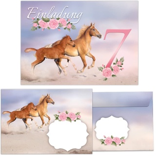 Junapack 12 Einladungskarten incl. 12 Umschläge zum 7. Kindergeburtstag siebte Geburtstag Mädchen Pferd mit Fohlen