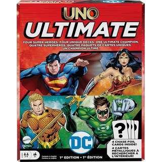 Mattel Games UNO Ultimate DC Kartenspiel für Kinder & Erwachsene mit 4 Charakter-Decks, 4 Sammelfolienkarten & Sonderregeln