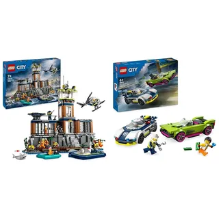 LEGO City Polizeistation auf der Gefängnisinsel, Polizei-Spielzeug mit Hubschrauber & City Verfolgungsjagd mit Polizeiauto und Muscle Car, Auto-Spielezug