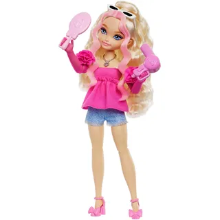 Barbie Dream Besties Puppe und Accessoires, bewegliche Barbie Malibu“ Modepuppe mit welligem blonden Haar, 11 Teile zum Thema Make-up und Haare, HYC21