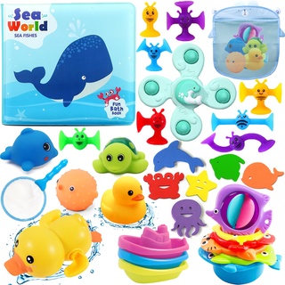 Chennyfun Baby Badespielzeug Wasserspielzeug, 32Pcs Kinder Badewanne Spielzeug mit Fischernetz, Badewannenspielzeug Baby Kinder Spielzeug-Gummi-Ente, Schildkröte, Delfin für 1-5 Jahre Baby