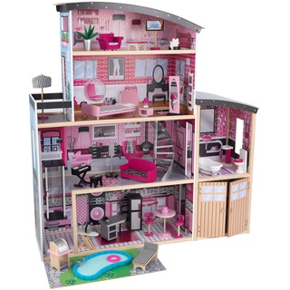 KidKraft Sparkle Mansion Puppenhaus aus Holz mit Möbeln und Zubehör, Spielset mit Katze, Aufzug, Garage und Pool für 30 cm große Puppen, Spielzeug für Kinder ab 3 Jahre, 65826