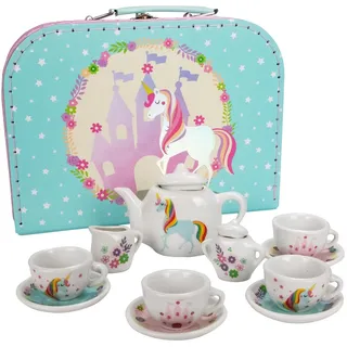 Kinder Teeservice Spielkoffer Teeset Einhorn Spielzeug Porzellangeschirr 13 -TLG - CH12102