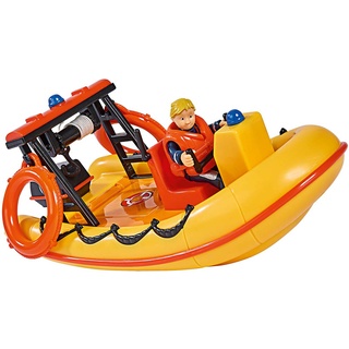 Simba 109251047 - Feuerwehrmann Sam Neptune Boot, mit Penny Figur im Tauchoutfit, mit Geheimfach und mechanischer Seilwinde, schwimmt auf dem Wasser, 20cm, für Kinder ab 3 Jahren, Gelb, Orange