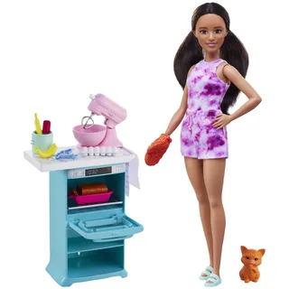 Barbie-Küchenspielzeug, gewellten braunen Haaren, Accessoires, Backspielzeug, Kätzchen, inkl. 1 Puppe, Geschenk für Kinder, Spielzeug ab 3 Jahre,HCD44