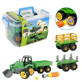 TOI-Toys DIY Spielzeug Traktor zum Selbstbauen für Kinder - mit Anhänger - Kindertraktor Bauernhof - ca. 45 cm - Konstruktionsspielzeug ab 4 Jahren