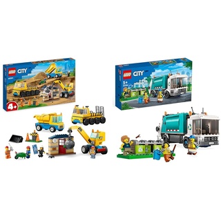 LEGO 60391 City Baufahrzeuge und Kran mit Abrissbirne & 60386 City Müllabfuhr, Müllwagen Spielzeug mit Mülltonnen für Kinder ab 5 Jahren, Lern- und Sortierspielzeug, Serie Nachhaltiges Leben