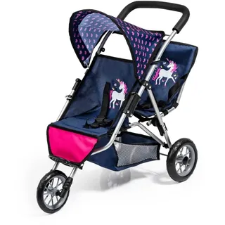 Bayer Design 39154AA Zwillingswagen, Zwillingspuppenwagen, Puppenwagen, Jogger, Zwillingsjogger, zusammenklappbar mit Einkaufskorb, Einhorn Motiv mit Herzen, blau, ‎67 x 34 x 57 cm