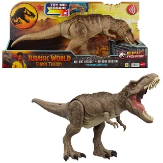 Mattel Jurassic World: Die Chaostheorie Netflix - All-Out Attack Tyrannosaurus Rex Dinosaurier Actionfigur-Spielzeug, T-Rex mit Stampfattacke, Beißen und Brüllen & hochentwickelten Kampfstacheln,HXF54