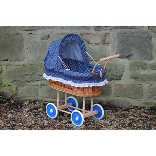 Bukora ® Puppenwagen aus Weide mit Blau mit Punkten und Holzgriff...extra stabil...