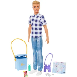 Barbie Camping Serie, Ken Puppe mit braunen Haaren, Landkarte, Fernglas, Camping Zubehör, Aufkleber, inkl. Ken Puppe, Geschenk für Kinder, Spielzeug ab 3 Jahre,HHR66