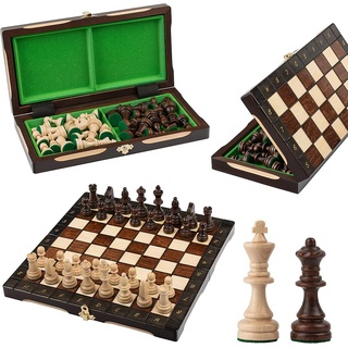 CHAMPION Reiseschach | Meister des Schachs | Kleines Schachbrett aus Lindenholz 29 cm | Handgefertigtes tragbares Schachspiel aus Holz