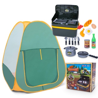 JoyKip Pop Up Camping Zelt für Kinder ab 3 Jahren, tragbares Spielzelt und Camping grillset mit Grillzubehör, Grill Spielzeug mit Licht und Sound