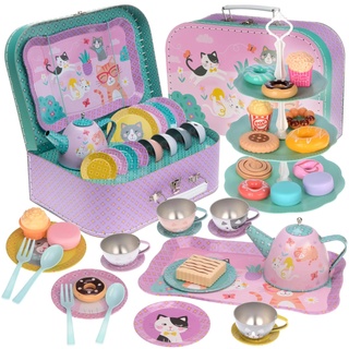 Jewelkeeper Katzen Teeservice Set 42-TLG. Porzellan Kinder Teeset Spielgeschirr mit Teekanne, Zubehör, Kaffee- & Teeparty, Puppen & Kinderküche, Teegeschirr