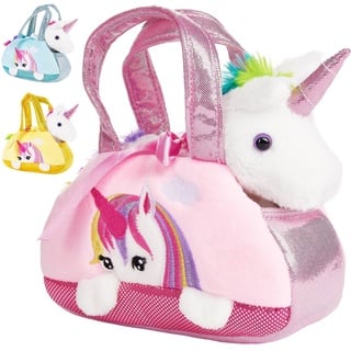 BRUBAKER Kuscheltier Einhorn Tasche Regenbogen 20 cm (1-St., Plüschtier in Handtasche), Glitzer Stofftier rosa