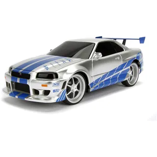 Jada Toys Fast & Furious RC Nissan Skyline GTR, R34, Turbofunktion, RC Auto, Ferngesteuertes Auto mit Fernbedienung, vorwärts-rückwärts, Links-rechts, Maßstab 1:24, blau/Silber