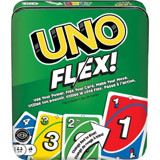 Mattel Games UNO Flex Kartenspiel für Familienabend, bei dem Karten die Farbe ändern, wenn sie gebogen werden, in Sammeldose