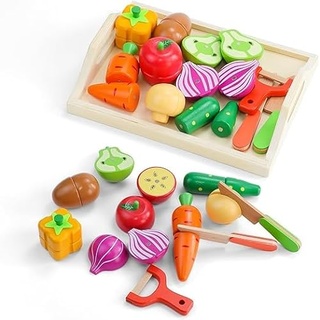 Feelhap Kinderküche Zubehör Holz Küchenspielzeug für Kinder,Kinderküche Spielküche Zubehör aus Holz,Schneiden Obst Gemüse Lebensmittel Holz Magnetspielzeug,Geschenk für Jungen und Mädchen