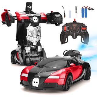 Transformations Roboter RC Auto mit Spray, Ferngesteuertes Auto für Kinder ab 6 7 8 9Jahre, Sportwagen Rennauto Spielzeug, Verformung Fahrzeug für Kinder, Geschenk für Jungen und Mädchen (Rot)