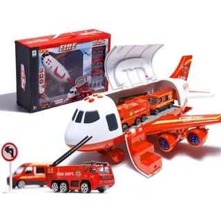 LA CUTE Spielzeug-Flugzeug Flugzeugtransporter-Set: Hoch in die Lüfte für spannende Einsätze, (Spielzeugfahrzeuge Set mit Flugzeug und Verschiedene Autos, Baustelle-/Feuerwehr-/Polizei Flugzeug), Flugzeugtransporter: Realistisches Design, interaktive Soundeffekte rot