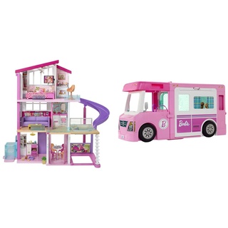 Barbie GNH53 Traumvilla Dreamhouse Adventures Puppenhaus mit 3 Etagen, 8 Zimmer & GHL93-3-in-1 Super Abenteuer-Camper, ca. 91 cm, umwandelbarer Camper für Puppen mit Pool