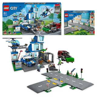 LEGO City-Paket: Enthält Polizeistation (60316) und Straßenkreuzung mit Ampeln (60304), mit Müllwagen, Hubschrauber, Bäumen und im Dunkeln leuchtenden Bausteinen, Geschenk für Kinder ab 5 Jahren