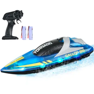 VEVOR RC Boot, 2,4GHz 12km/h, Ferngesteuertes Boot für Pools & Seen, Rennboot mit LED-Licht, 2 wiederaufladbare Batterien, Ganzkörper wasserdicht, Geschenk für Erwachsene Jungen & Mädchen, Blau