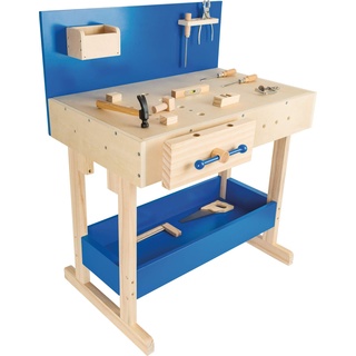 Small Foot Kinder Werkbank in Natur und Blau aus Holz, mit großer Arbeitsfläche und Werkzeug, ab 8 Jahren, 10839 Toys, standard size