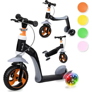 MoMi ELIOS 2in1 LED Roller Scooter Laufrad - Höhenverstellbarer Lenker, LED-Räder, Dreirad, ab 18 Monaten - Orange