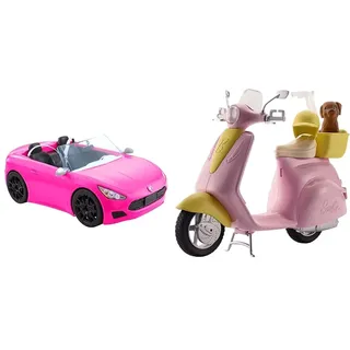 Barbie HBT92 - Cabrio-Fahrzeug, pink mit rollenden Rädern und realistischen Details, 2-Sitzer, Spielzeug Geschenk für Kinder ab 3 Jahren & DVX56 FRP56 Motorroller, pink