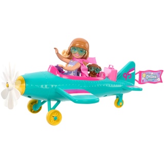 Barbie Chelsea Flugzeug Puppe und Spielset - Pilotenpuppe, Flugzeug, Hündchen und Zubehör für Geschichtenerzählen, rollende Räder und blumenförmiger Propeller, ab 3 Jahren, HTK38