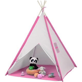 Relaxdays Spielzelt, Tipi Zelt für Kinder, mit Boden, Kinderzimmerzelt, HBT: 154 x 124 x 124 cm, Kinderzelt, weiß/rosa