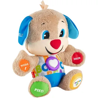 Fisher-Price Lernspaß-Hündchen mit drei Stufen | sprechendes Kuscheltier mit Musik als Kinderspielzeug und Baby Spielzeug | Interaktiver Teddybär, Version: Französisch, FPM44