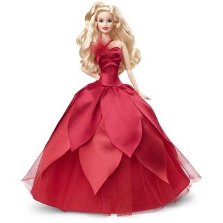 Barbie HBY03 - Signature Holiday Puppe 2022 (Blonde Haare) im roten Kleid, mit rotem Lippenstift und goldenen Ohrringen, Spielzeug für Kinder ab 6 Jahren