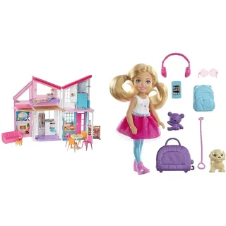 Barbie FXG57 - Malibu Haus Puppenhaus 60 cm breit mit +25 Zubehörteile, Puppen Spielzeug ab 3 Jahren, Mehrfarbig & FWV20 - Travel Chelsea Puppe, blond mit Hündchen, Spielzeug ab 3 Jahren