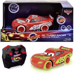 Jada Toys - RC Turbo Racer Lightning McQueen (17 cm) aus Disney Pixars Cars - ferngesteuertes Auto ab 4 Jahre, leuchtet im Dunkeln, Spielzeugauto für Kinder mit 2-Kanal-Fernbedienung (2,4 GHz)