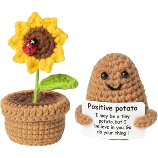 BGNXHYB 2 Stück Pocket Hug Positive Kartoffel, Potato und Gestrickte Sonnenblume, Lustige Positive Potato Puppe, Gestrickte Kartoffel Puppe, Mini-Plüsch Figuren, Motivationsgeschenke