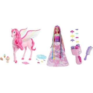 Barbie Ein Verborgener Zauber Pegasus & HNJ06 - Puppe mit geflochtenem Haar und Regenbogen-Haarverlängerungen, inklusive Utensil zum Drehen und weiterem Zubehör, Puppenspielzeug für Kinder ab 3 Jahren