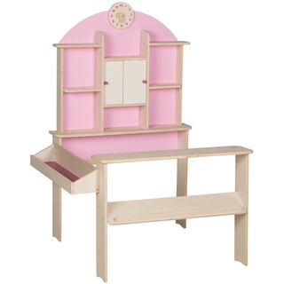 roba Kaufladen, Holz natur, mit Seitentheke, Uhr, rosa Rückwand & weißen Schiebetüren