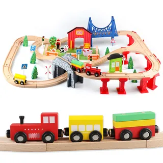 Jacootoys 80 Teile Holzeisenbahn Set Eisenbahn aus Holz Zug Spielzeug kombinierbar Spielzeugeisenbahn für Kinder 3+ Jahre alte Mädchen Jungen