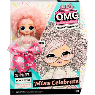 LOL Surprise OMG Present Surprise Miss Celebrate Modepuppe - Sammlerpuppe - mit 20 Überraschungen mit Outfits und Accessoires - inkl. Schuhen, Haarbürste und mehr - Geschenk für Kinder ab 4 Jahren